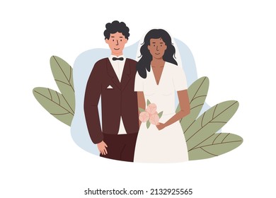 A groom and bride holding flower bouquet. Interracial married couple. Newlywed couple of man and woman. Romantic marriage of love partners. Husband in suit, wife in wedding dress. Vector illustration