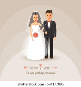 Groom and bride holding hands on wedding ceremony. Wedding invitation in flat design people characters.