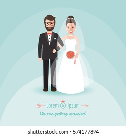 Groom and bride holding hands on wedding ceremony. Wedding invitation in flat design people characters.