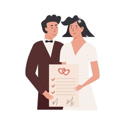 A Groom And Bride Holding Signed Marriage Contract. Happy Married Couple With Prenup Document. Newlywed With Prenuptial Agreement And Marriage Certificate. Vector Illustration Isolated On White.