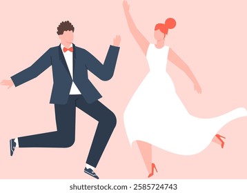 Groom and bride joyfully jumping and dancing together, celebrating their wedding day in a vibrant vector illustration against a cheerful pink background