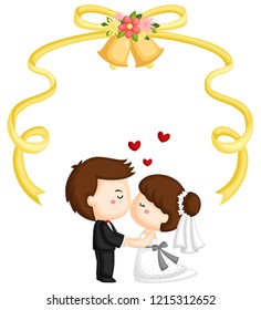 a groom and bride kissing under a bell