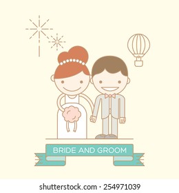 Groom and Bride line cartoon icon illustration