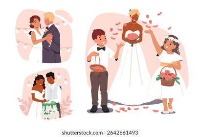 Noivo e noiva amoroso casal recém-casados personagens de desenhos animados desfrutando cerimônia de casamento tradição cena isolada set. Primeiro casamento dança, corte de bolo, cerimonial nupcial caminhada vetor ilustração