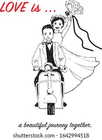 groom and bride with motorbike
