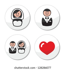 Groom and bride on round white labels