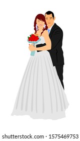 Groom and bride on wedding day in dress and suit vector illustration. Wedding couple. Happy bride and groom on ceremony. Just married couple in love. Smiling bride  with bouquet of flowers in hands.