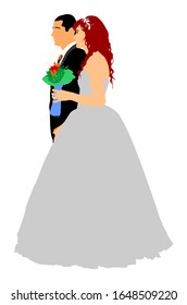 Groom and bride on wedding day in dress and suit vector illustration. Wedding couple. Happy bride and groom on ceremony. Just married couple in love. Smiling bride  with bouquet of flowers in hands.