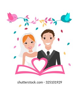 Groom and bride on a white background and two birds holding branches with colorful leaves. Vector flat illustration.