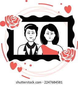 Groom and Bride Picture Vector Icon Design, Valentines Day Symbol, Love and Romance Sign, Friendship and Love sickness stock illustration, Decorated Frame Photo of Wedding Day concept