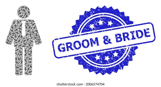 Groom und Bride kratzten Wasserzeichen und Vektorfraktalen Kollage Bräutigam. Blue Stempel hat Groom und Bride Text in Rosette. Vektorgrafik wird mit rekursiv rotierten Bräutigern erstellt.