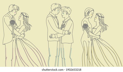 Groom and bride set. The newlyweds wedding dresses at their wedding ceremony. Various couples. Gay couples, Females or lesbian couples, Man and woman couples. Hand drawn style of vector.