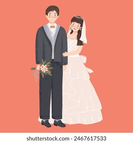 Groom and bride shyly take wedding photos