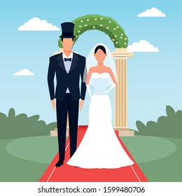 Groom and bride standing over floral arch and landscape background, colorful design, vector illustration