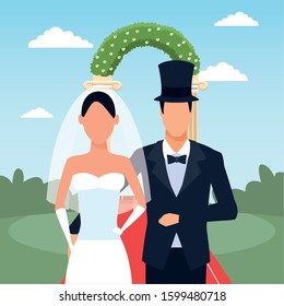 Groom and bride standing over floral arch and landscape background, colorful design, vector illustration