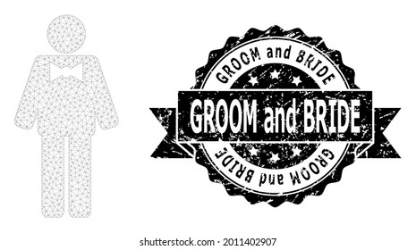 Groom and Bride textured stamp seal and vector groom mesh model. Black stamp seal includes Groom and Bride tag inside ribbon and rosette. Abstract 2d mesh groom, designed with polygonal grid.