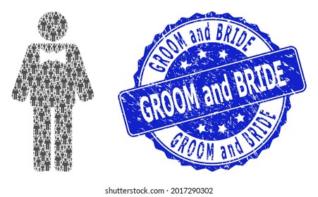 Groom and Bride unclean round stamp and vector recursive collage groom. Blue stamp seal includes Groom and Bride title inside round shape. Vector collage is constructed from recursive groom icons.