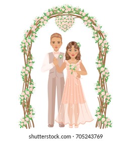 Groom and bride under a flower arch isolated on white background. Rustic style. Cream rose wedding decoration. Vector flat illustration.