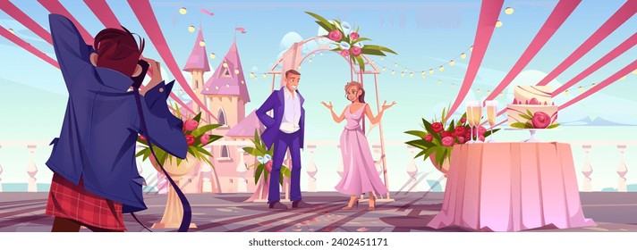 Groom and bride under wedding arch draped and decorated with flowers and photographer in festive romantic marriage setup with rose bouquet outside against fairytale castle. Cartoon happy couple.