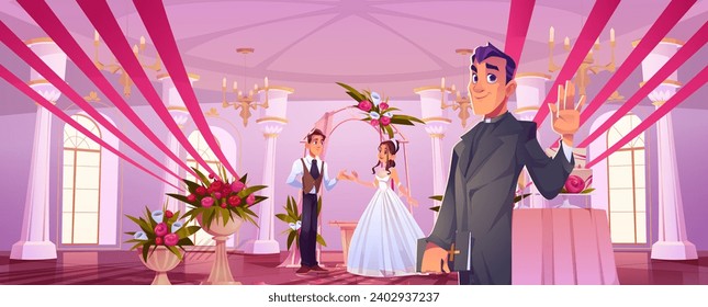 Groom and bride under wedding arch draped and decorated with flowers and pastor waving hand in festive ballroom or banquet hall. Cartoon happy couple in romantic marriage setup with rose bouquet.