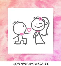 groom and bride, vector hand drawn wedding couple on white paper page with watercolor background