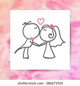 groom and bride, vector hand drawn wedding couple on white paper page with watercolor background