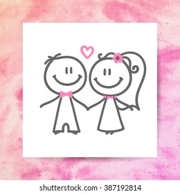 groom and bride, vector hand drawn wedding couple on white paper page with watercolor background