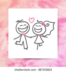 groom and bride, vector hand drawn wedding couple on white paper page with watercolor background