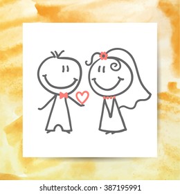 groom and bride, vector hand drawn wedding couple on white paper page with watercolor background