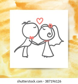 groom and bride, vector hand drawn wedding couple on white paper page with watercolor background