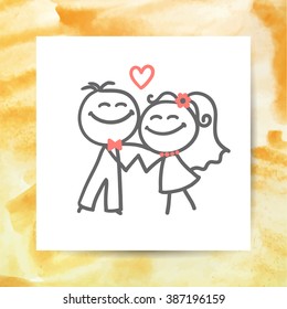 groom and bride, vector hand drawn wedding couple on white paper page with watercolor background