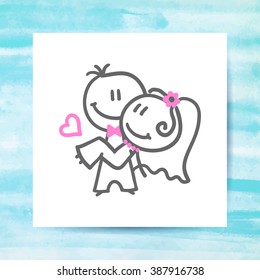 groom and bride, vector hand drawn wedding couple on white paper page with watercolor background