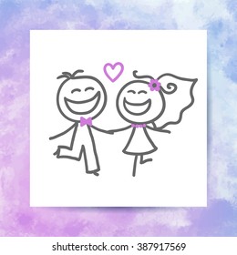 groom and bride, vector hand drawn wedding couple on white paper page with watercolor background