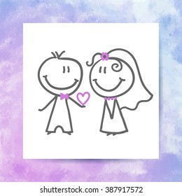 groom and bride, vector hand drawn wedding couple on white paper page with watercolor background