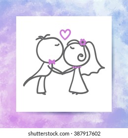 groom and bride, vector hand drawn wedding couple on white paper page with watercolor background