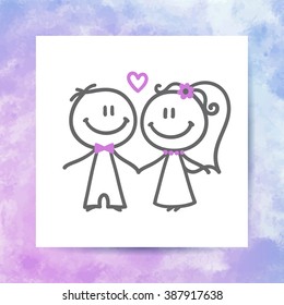 groom and bride, vector hand drawn wedding couple on white paper page with watercolor background
