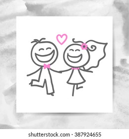 groom and bride, vector hand drawn wedding couple on white paper page with watercolor background