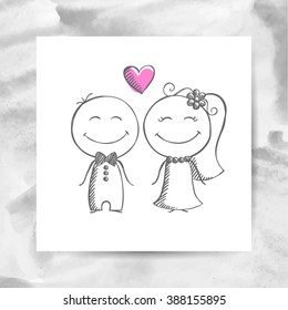 groom and bride, vector hand drawn wedding couple on white paper page with watercolor background