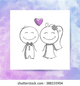groom and bride, vector hand drawn wedding couple on white paper page with watercolor background