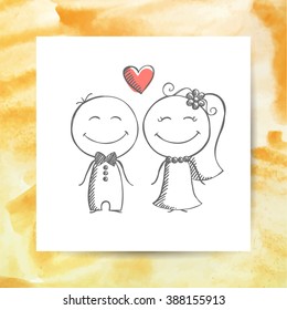 groom and bride, vector hand drawn wedding couple on white paper page with watercolor background