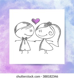 groom and bride, vector hand drawn wedding couple on white paper page with watercolor background