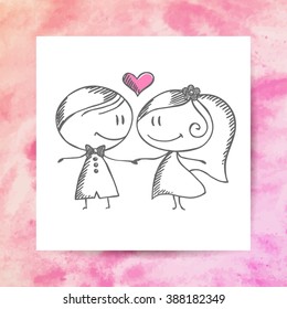 groom and bride, vector hand drawn wedding couple on white paper page with watercolor background