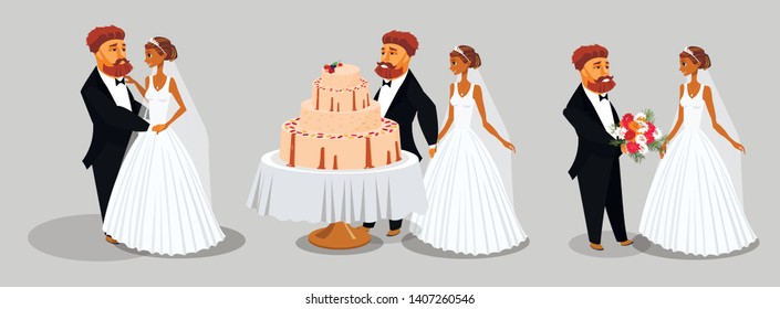 Groom and Bride Vector Illustrations Collection. Marriage Ceremony, Engagement Flat Cliparts Set. Dark Skin Wife Cartoon Character. Just Married Cutting Cake. Newlyweds First Dance Design Element