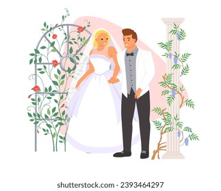 Groom and bride wearing ceremonial dress and suit standing at floral arch for memory vibes photoset vector illustration. Wedding ceremony, marriage party celebration concept