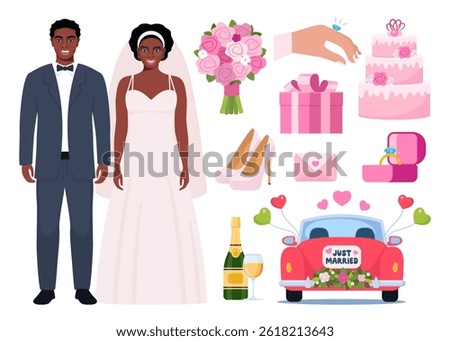 Groom and bride. Wedding accessories, decorations set. Party, proposal, wedding, anniversary elements. Celebrate marriage save the date ceremony