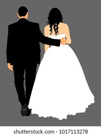 Groom and bride wedding day, in dress and suit vector illustration. Young wedding couple. Happy bride and groom after wedding ceremony. Couple in love. Just married couple in love.