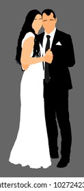 Groom and bride wedding day, in dress and suit vector illustration. Wedding couple. Happy bride and groom after wedding ceremony. Couple in love. Just married couple in love. Waltz dancing couple.