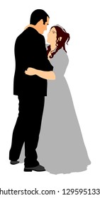 Groom and bride wedding day, in dress and suit vector illustration. Young wedding couple. Happy bride and groom after wedding ceremony. Just married couple in love. Sweet closeness and ceremony  day.