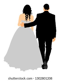 Groom and bride wedding day, in dress and suit vector illustration. Young wedding couple. Happy bride and groom after wedding ceremony. Just married couple in love. Sweet closeness and ceremony  day.