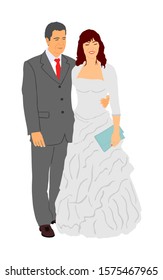 Groom and bride wedding day, in dress and suit vector illustration. Wedding couple. Happy bride and groom on ceremony. Just married couple in love. Red carpet quest on vip event. Lady and gentleman.